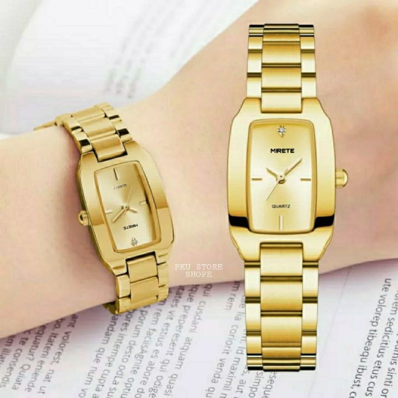 JAM TANGAN WANITA TALI BAJA  RANTAI STAINLES STEL ANTI AIR FREE BATRAI CADANGAN JAM TANGAN CEWEK/WANITA WARNA GOLD