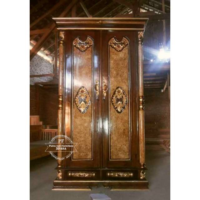 Lemari 2 Pintu Kayu Jati Jepara, Almari Pakaian Baju Ukir Simpel Warna Kombinasi