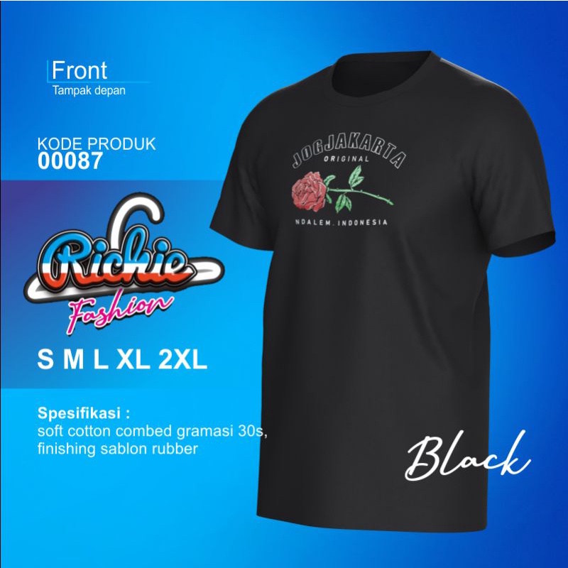 Kaos Pria Kaos Jogja Bahan Soft Cotton Sablon Rubber Black Bunga Mawar