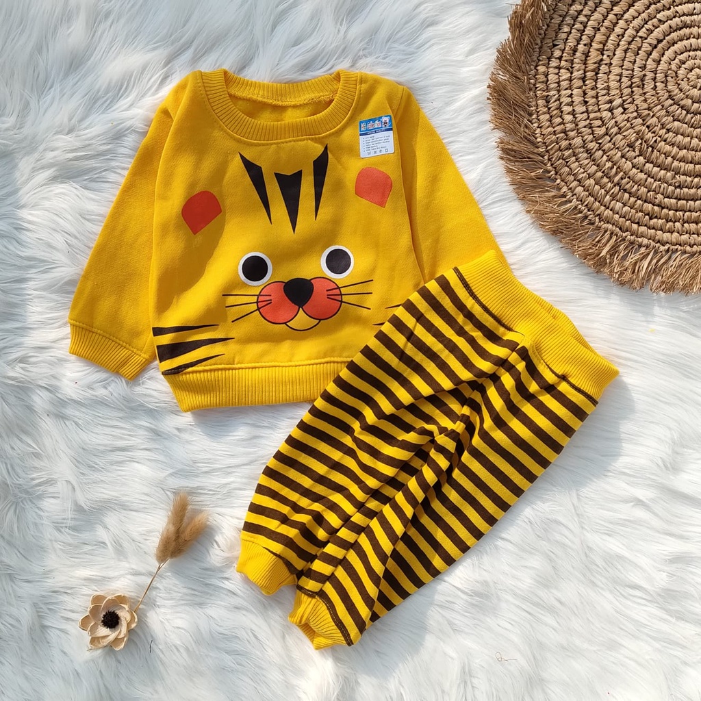 Setelan sweater bayi murah motif tiger 3-12 bulan / Set baju bayi murah / Baju hangat bayi fleece