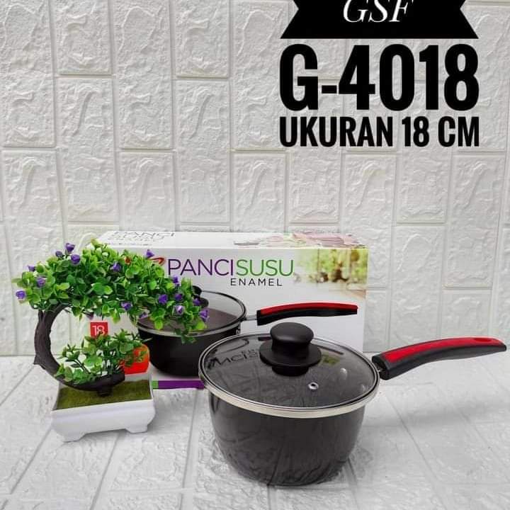 PANCI SUSU ENAMEL TUTUP KACA 18 CM / SAUCE PAN ENAMEL GSF G-4018 / PANCI SUSU TUTUP 18CM GSF 4018