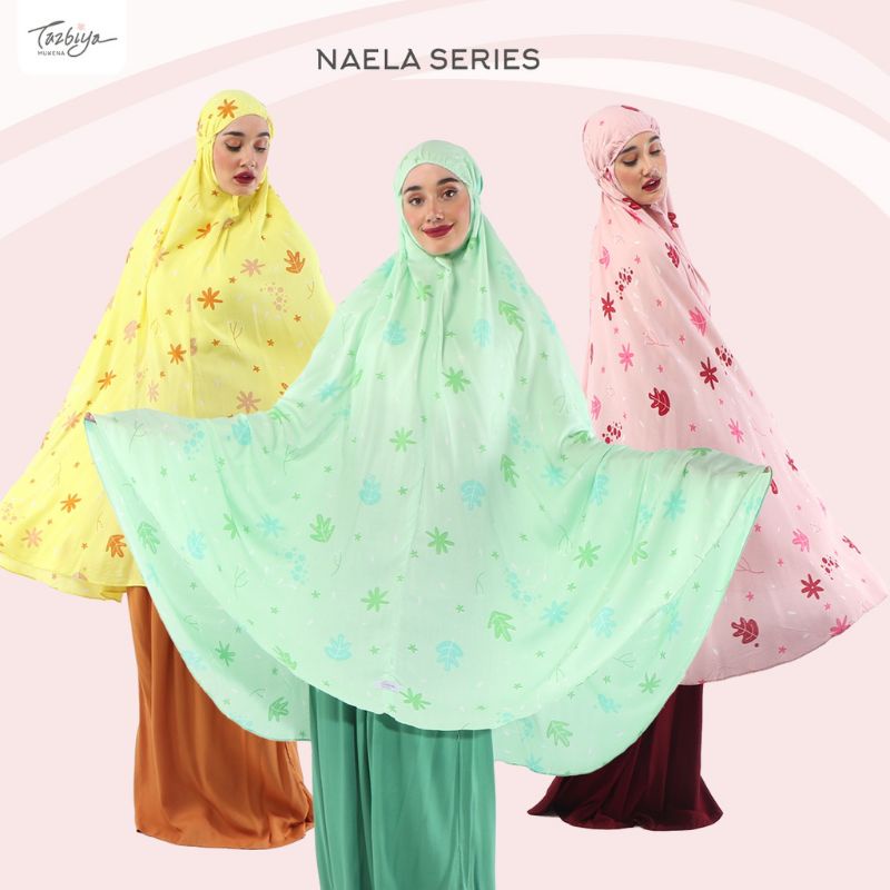 Mukena Tazbiya Naela Pink Yellow Mint Jumbo Dewasa Katun Rayon Adem Motif Cantik Treveling