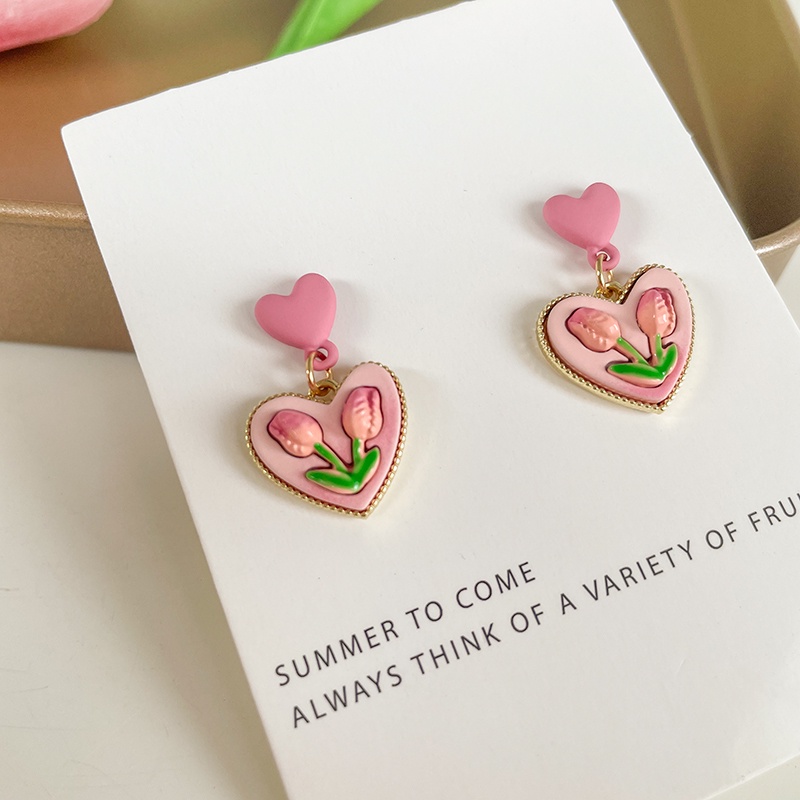 Anting Bentuk Hati Tulip Warna Pink Untuk Aksesoris