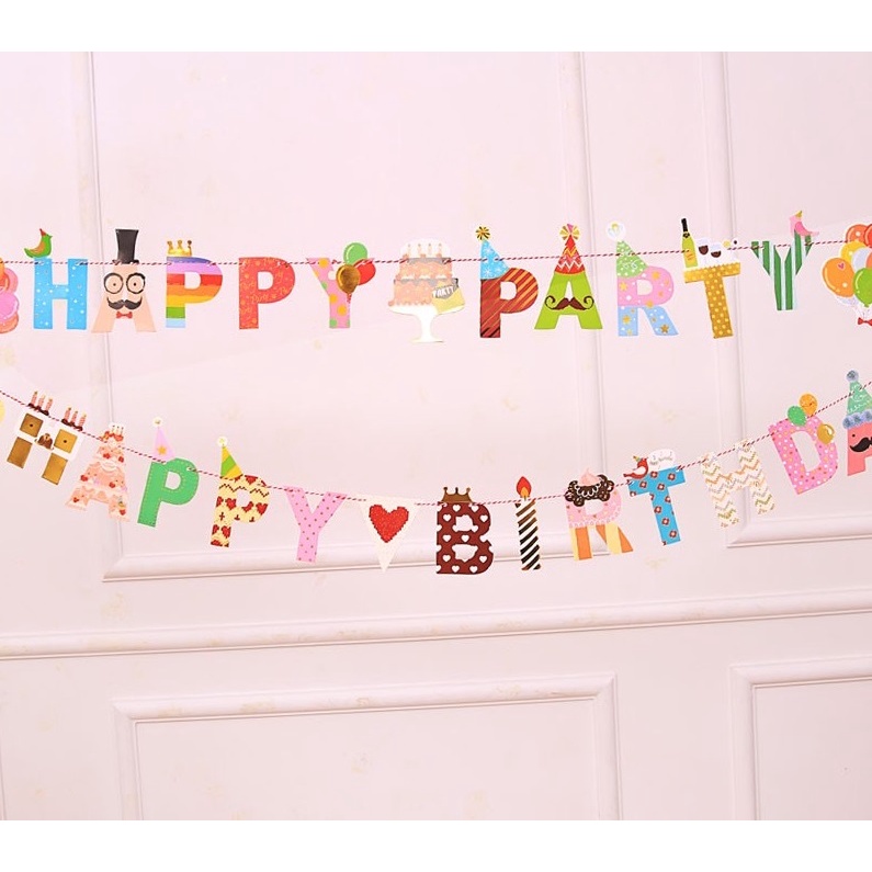 BANNER Topper HAPPY PARTY Desain Tulisan Happy Birthday BANNER ULANG TAHUN Bahan Kertas - MIKHAMART