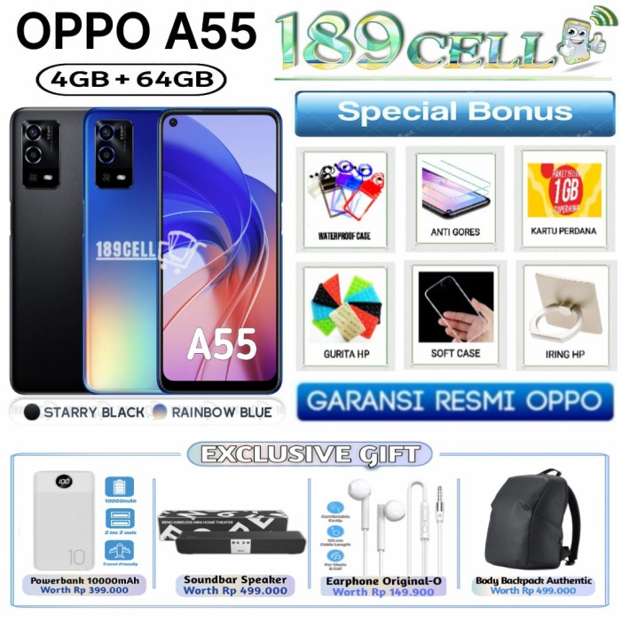 HP BARU OPPO A55 A 55 RAM 4/64 4/128 6/128 GB GARANSI RESMI OPPO INDONESIA - 4/64 hitam, demo tanpa 