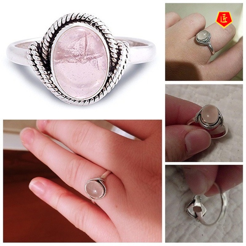 [Ready Stock]Inlaid Ross Quartz Pink Crystal Ring Women's Retro Silver