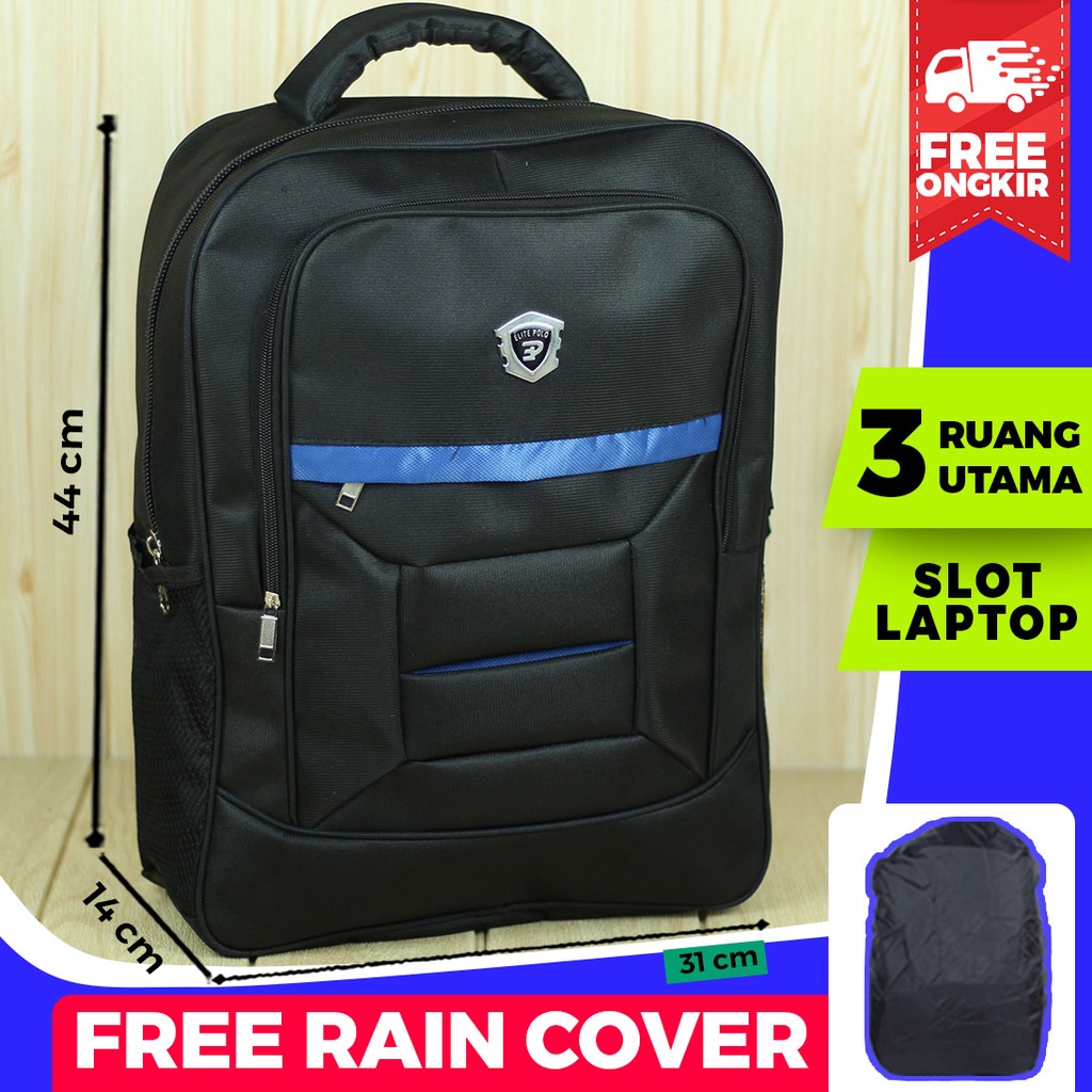 Tas Sekolah Hitam Pria Elite Polo Kotak List Biru Ransel Polo Pria Kerja Nyaman Di Punggung Bahan Tebal Distro Keren Hitam Polos