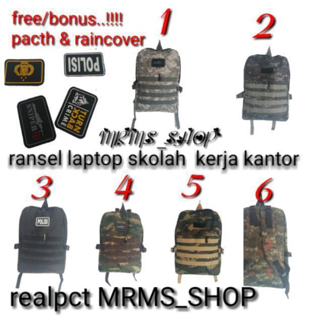 Free raincover dan pacth] tas ransel tactical autdor laptop skolah kerja kantor