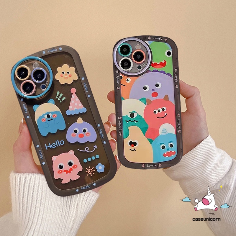 IPHONE Lovely Little Monster Airbag Bulat Pelindung Lensa Phone Case Kompatibel Untuk Iphone 11 14 13 12 Pro MAX XR XS MAX X6 6s 7 8 Plus SE 2020 Grafiti Kartun Lucu Lembut TPU Penutup Belakang