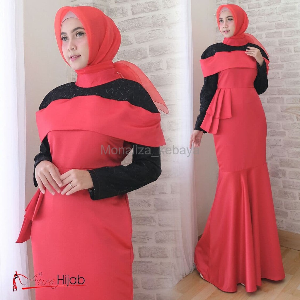 Termewah Gaun duyung bridal komb tile merah by Aura hijab