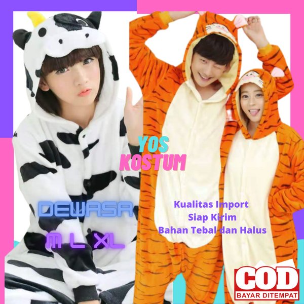 Kostum Dewasa Impor Animal Onesie Cosplay Karakter Binatang Lucu Sapi Tiger Baju Tidur Wanita Laki