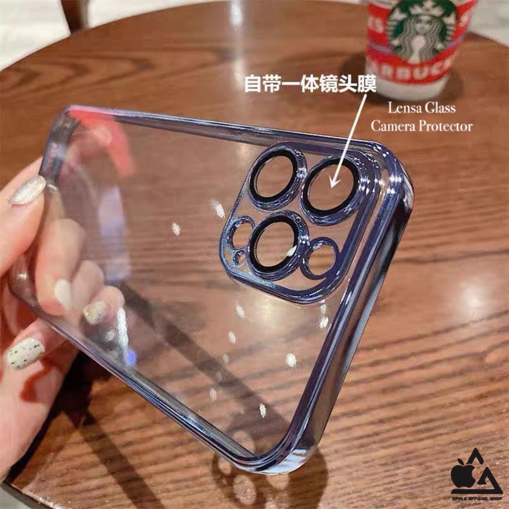 Premium Softcase Square Edge Chrome Lens Glass Camera iPhone 13 PRO MAX 12 PRO MAX 11 PRO MAX XR X XS MAX 7 7+ 8 8+ SE 2 3 6 6+ 6S+ Lensa Soft Case Logo Apple Krom Electroplated Pelindung Kamera Softcase Silikon Jelly Clear Cover Bukan Hardcase Silicone