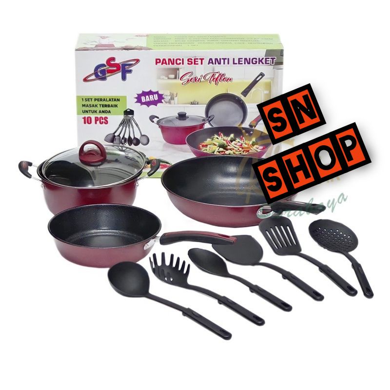 panci set gsf teflon series G 2629 dan G-2529 + spatula anti lengket panci set gsf 10pcs G-2629