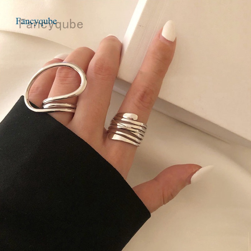 Fancyqube 2pcs / Set Cincin Geometris Besar Gaya Vintage Korea Gothic Hip Hop Punk Untuk Wanita