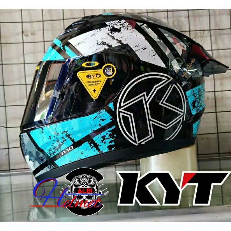 Helm Full face KYT R-10 solid white Leopard Modif Paket ganteng (Original)-pk aqua blue