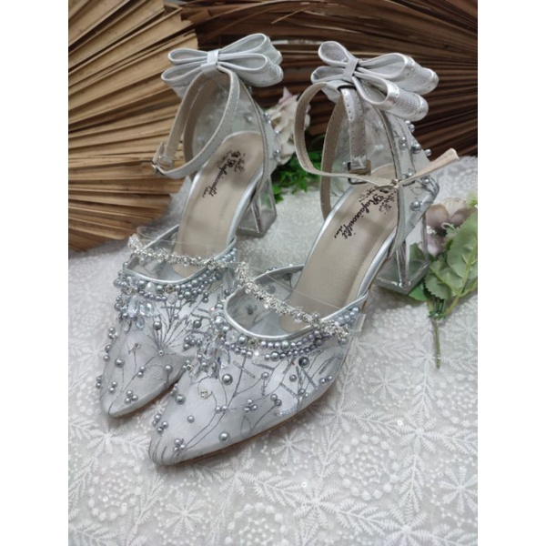 sepatu zanet silver pita tinggi 7cm kaca