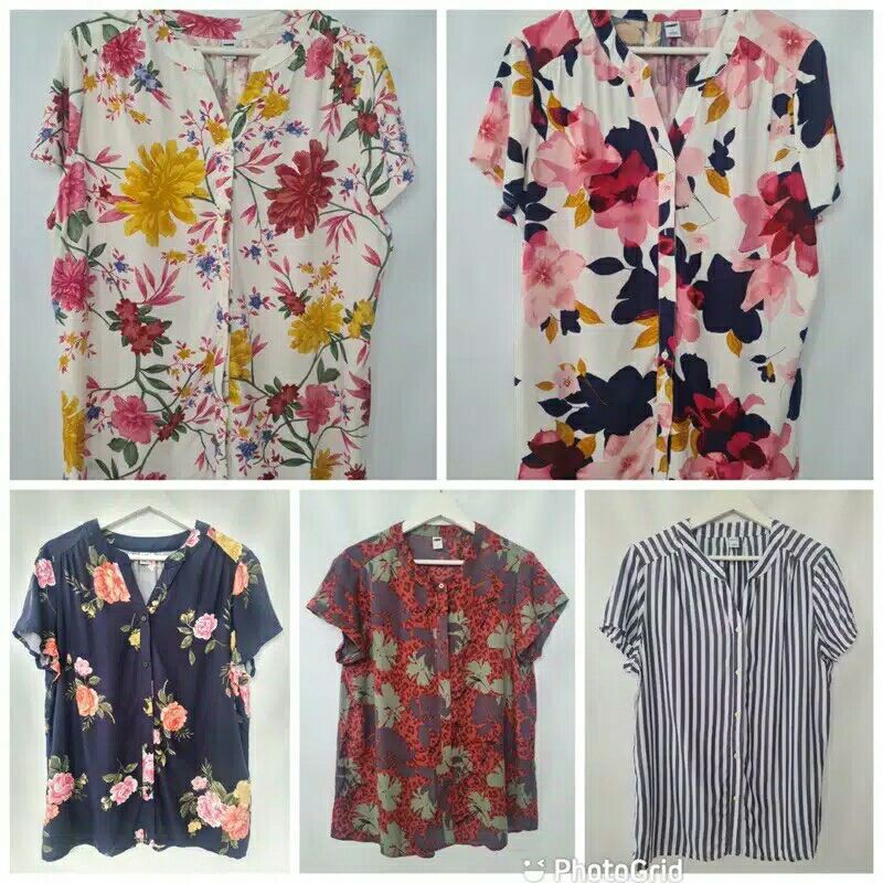 Old Navy V-Neck Cotton Blouse -Atasan Wanita Motif Floral  Lengan Pendek Original Branded