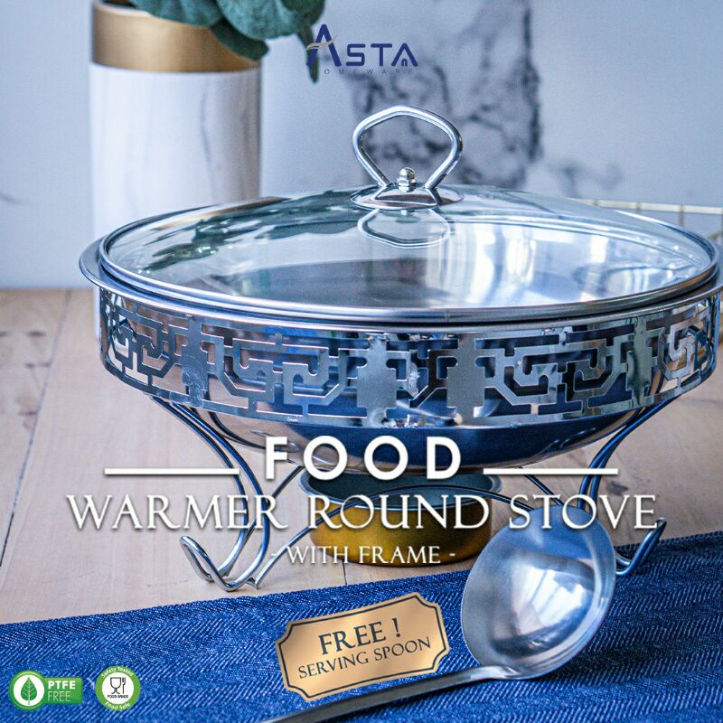 wadah saji prasmanan stainless steel dengan pemanas penyangga bermotif