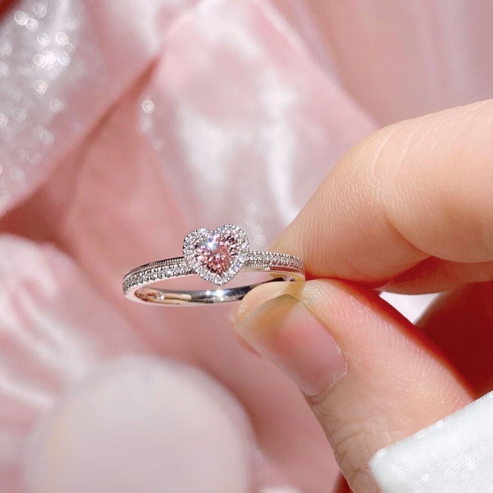 Disney Cincin 925 Silver Bentuk Hati Aksen Cubic Zirconia Warna Pink Ukuran Adjustable