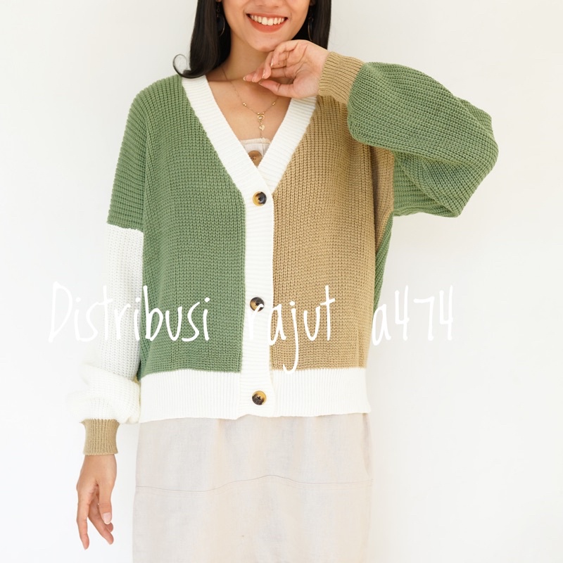 ROXANE MIC ABSTRAK TWO TONE CARDIGAN RAJUT OVERSIZE JUMBO PREMIUM COMBINE WANITA TEBAL JUMBO