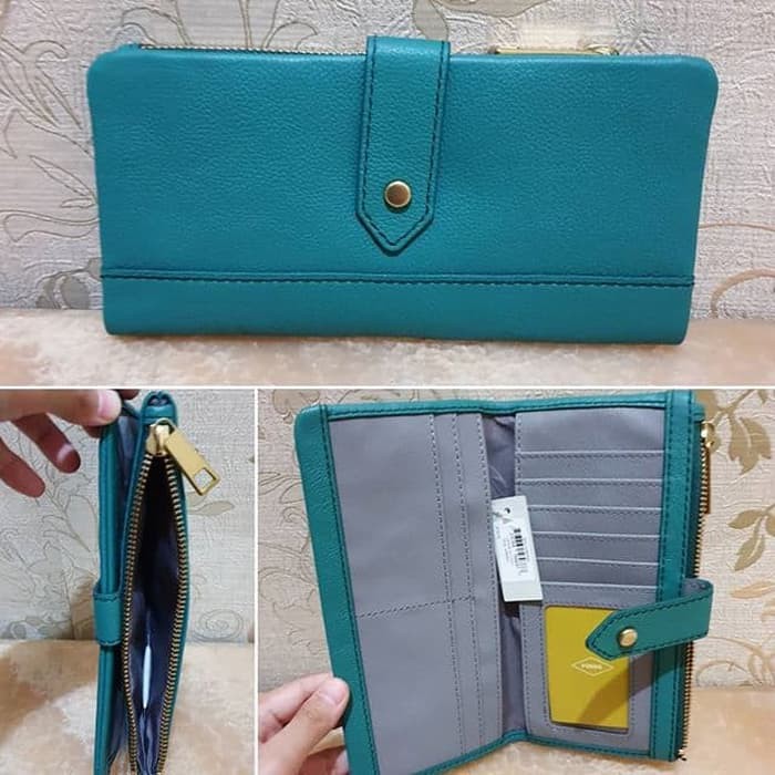 dompet Fossil lainey long clutch wallet teal green leather original