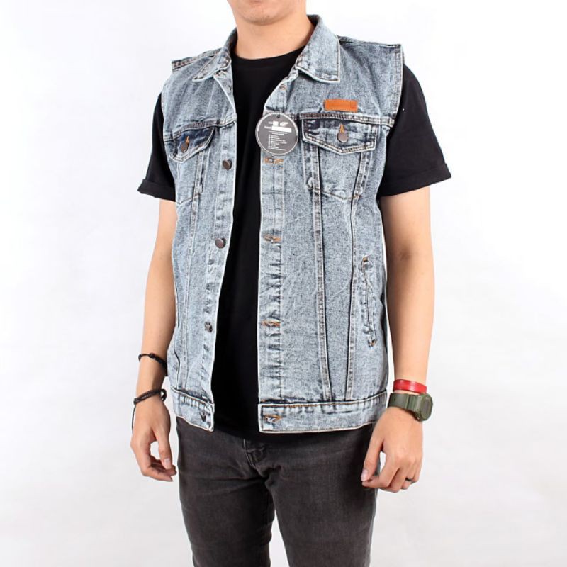 Jaket Rompi Jeans Sandwash Emblem - Jaket Motor Club - Jeans Jacket