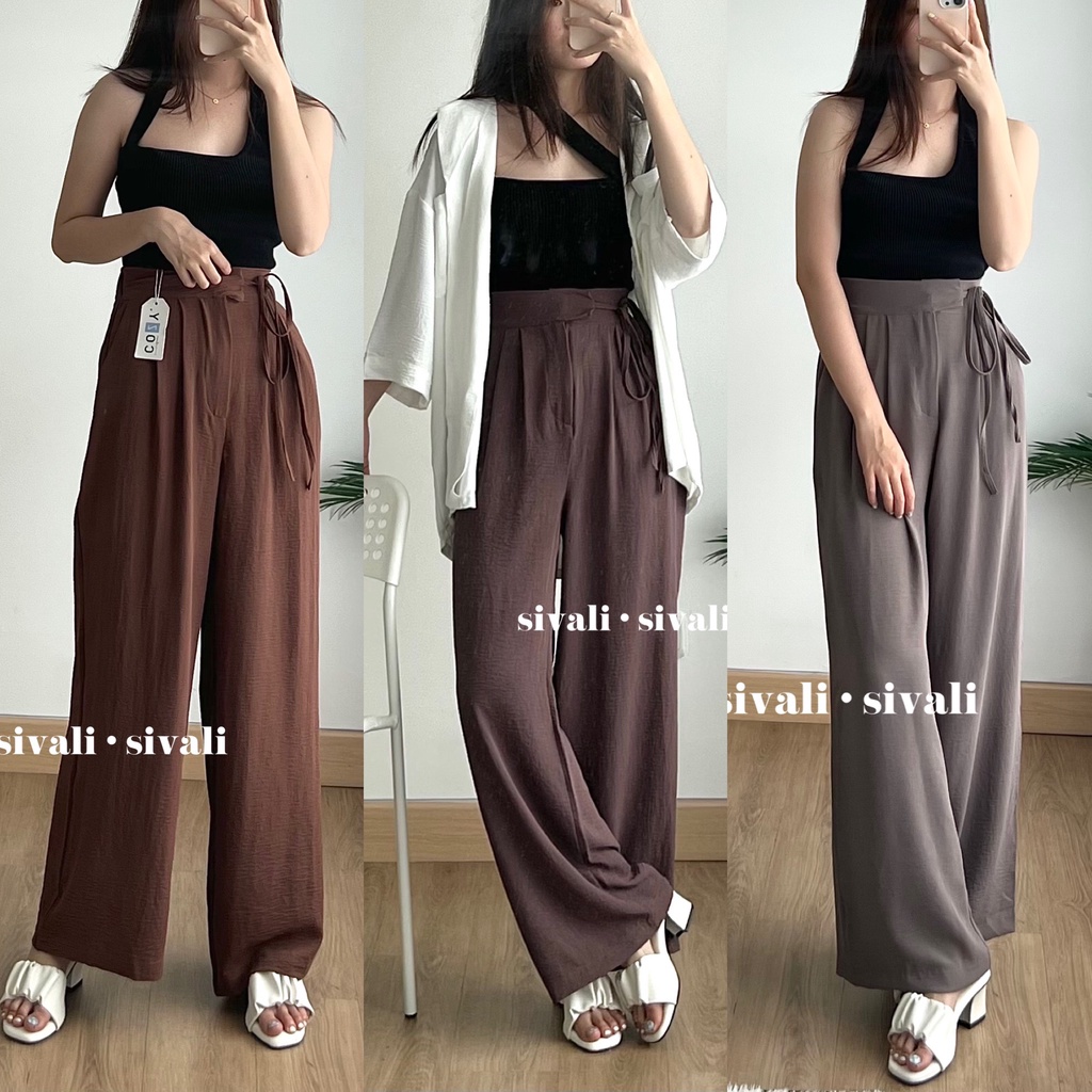 SIVALI Janelle Pants - Celana kulot Highwaist Crinkle Loose Pants - Cullote Pants