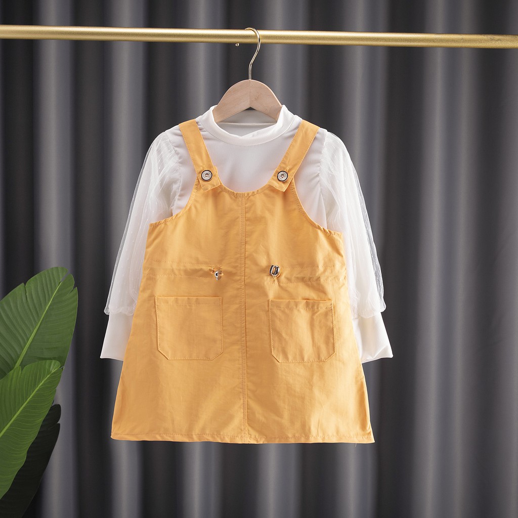 Dress Overall Anak Perempuan Kaos Panjang Renda Import Korea Style 2-6 Tahun Anak Cewek-Oren pastel