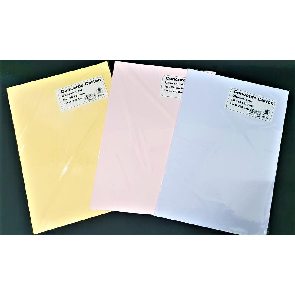 

KERTAS KARTON CONCORDE PAPER A4 CARTON TEBAL 220 GR GSM 20 LBR WARNA KONKORD SERTIFIKAT