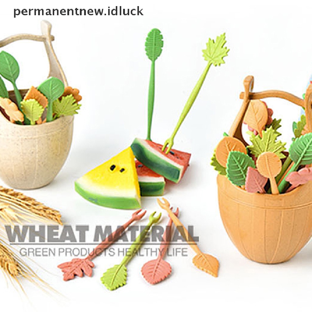 Set 16pcs Garpu Buah Kue Salad Bentuk Bunga Daun Bahan Jerami Gandum Dengan Ember