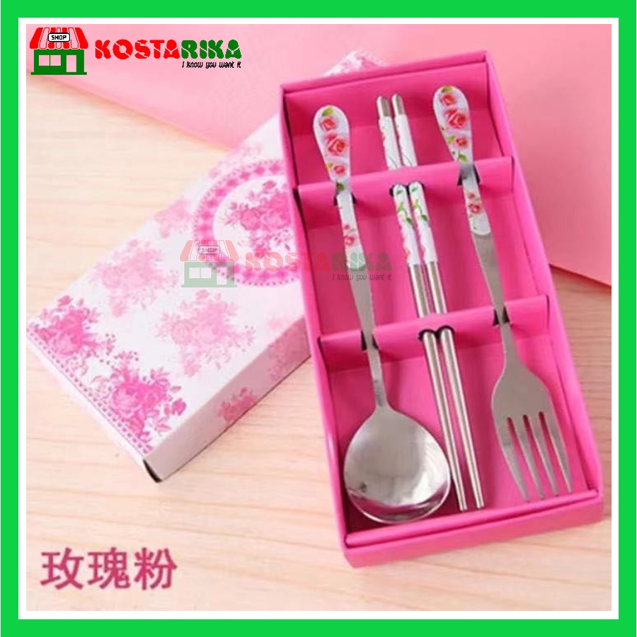 Sendok Garpu Sumpit Set 3 in 1 Stainless Box Pinky Souvenir