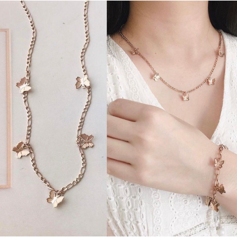 Kalung dan Gelang tangan set titanium premium rantai rosegold mainan kupukupu anti karat fashion per