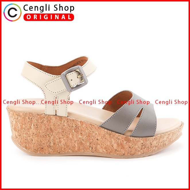 SANDAL WEDGES KULIT OBERMAIN WANITA ORIGINAL ASLI TERBARU ABU-ABU OW12