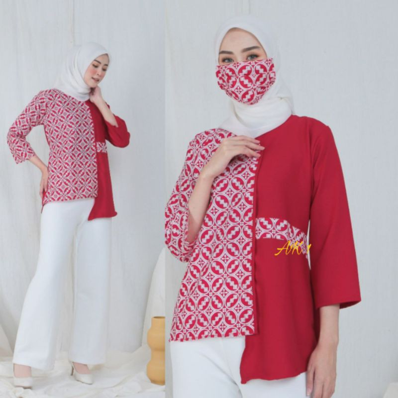 Batik wanita ASJ SA HRB026 Kenongo Kemeja Tosca Pendek-5. merah mote