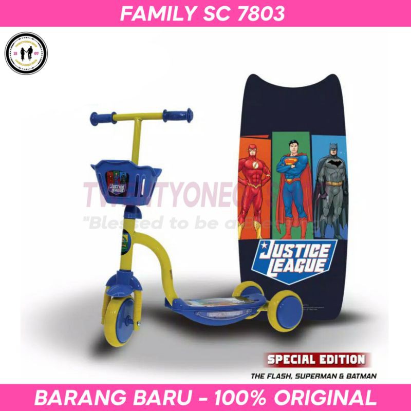 Skuter Sekuter Scooter Anak Roda 3 Tiga Family SC 7803 Special Edition Justice League Musik Lampu