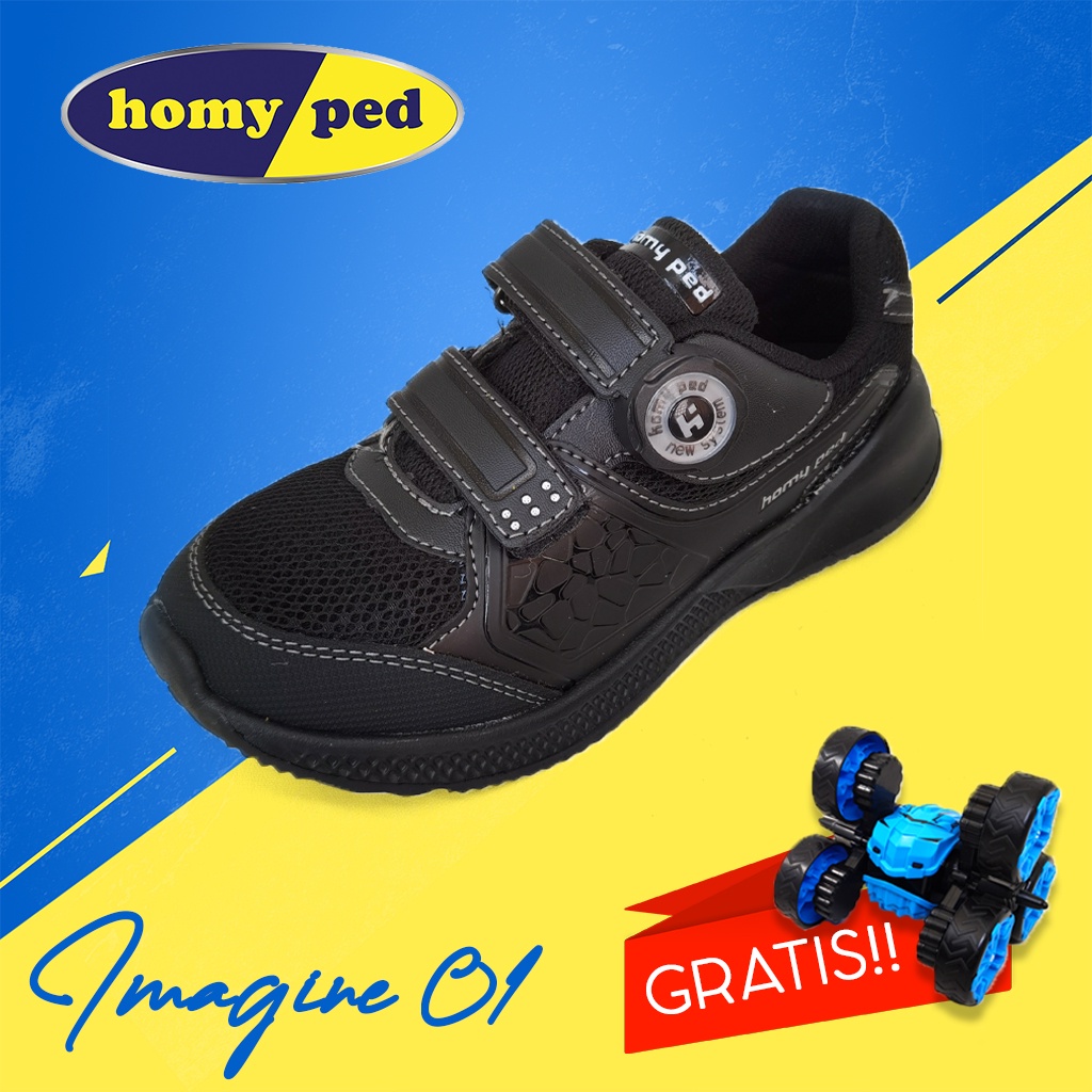 GRATIS MAINAN!! Homyped - Imagine 01 Sepatu Sekolah Anak Warna Hitam Polos All Black