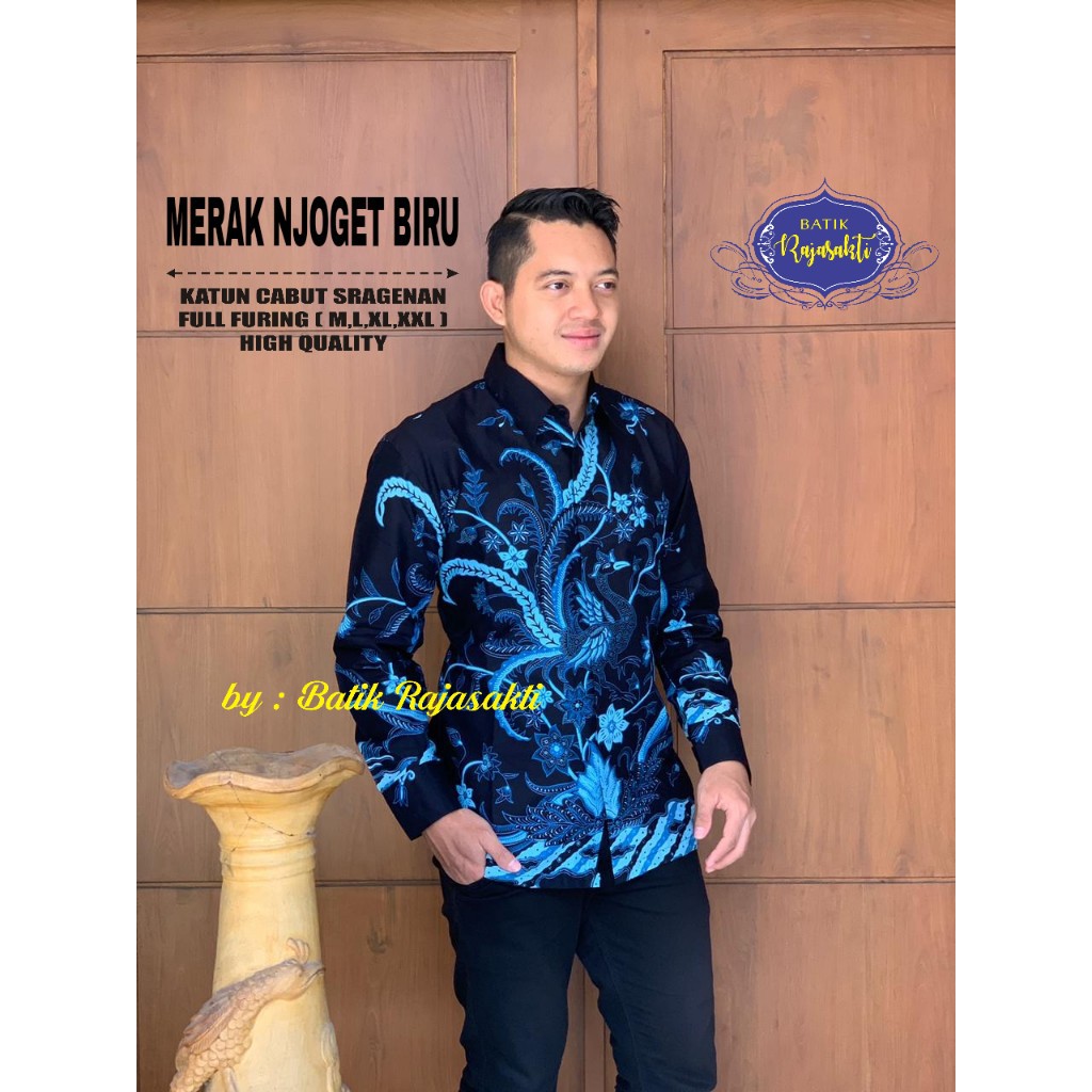 MERAK NJOGET BIRU Kemeja Batik Pria Lengan Panjang Katun Halus FULL FURING Rajasakti