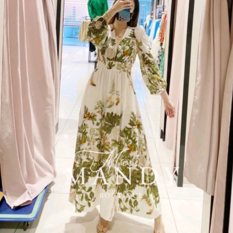 05520 Baju maxidress Maxi long dress gaun pesta hijau bunga floral Korean style vneck wanita import 