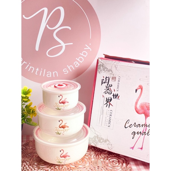 3PCS SET MANGKUK KERAMIK FLAMINGO