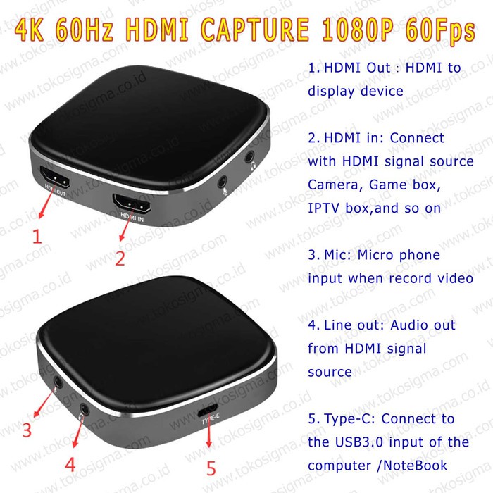 HDMI 4K 60Hz VIDEO CAPTURE TO USB 3.0 Type C GRABBER BOX GAME LIVE A16