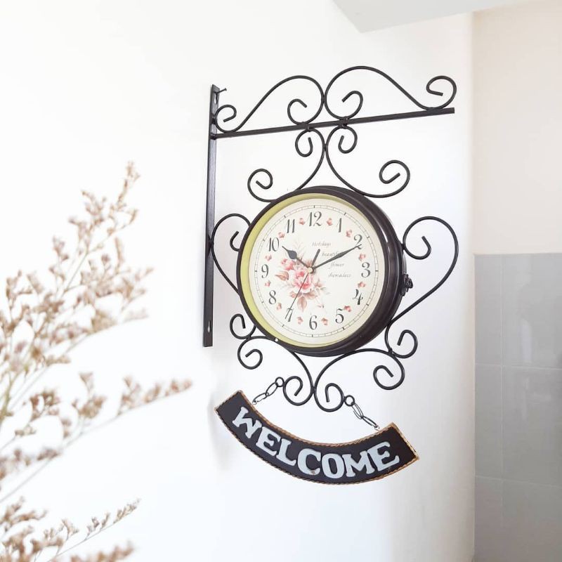 Jam Gantung Shabby 2 sisi / Jam Dinding Vintage Jam Dinding Bolak Balik