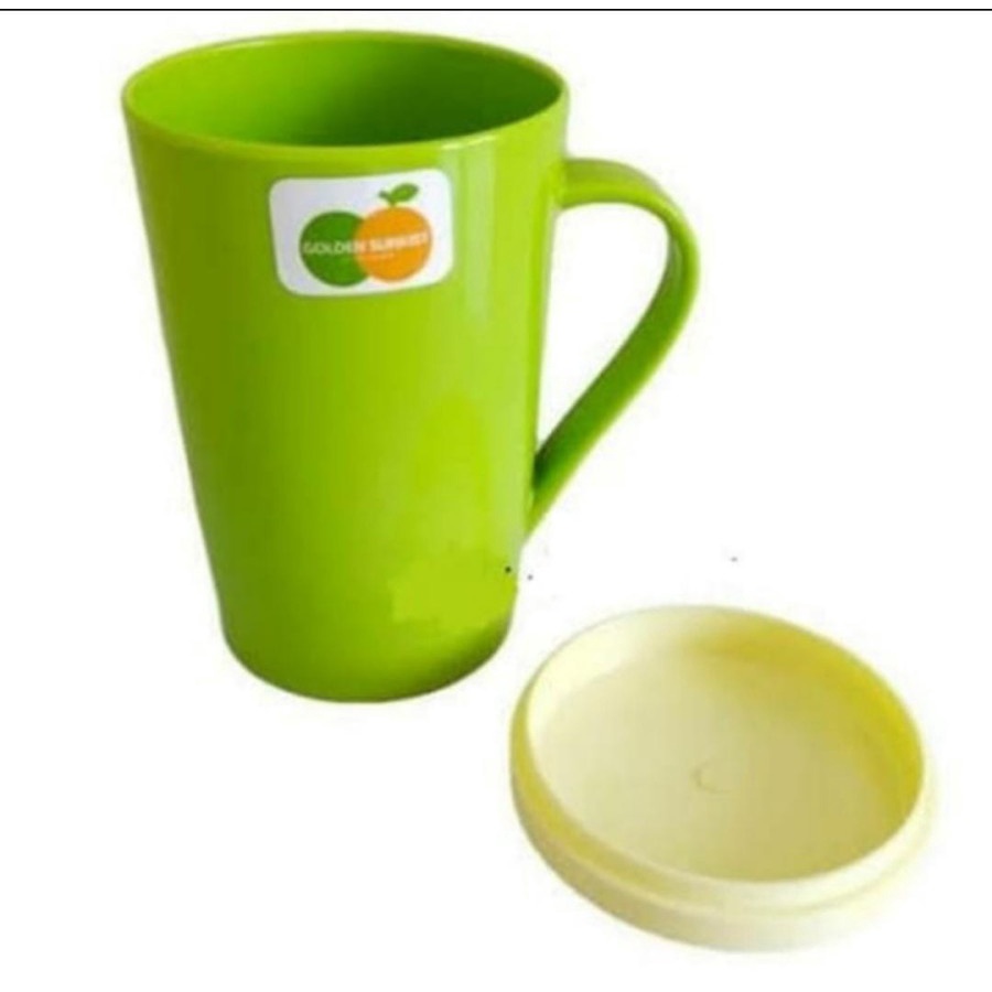 Gelas / mug + tutup 500 ml cangkir minum plastik golden sunkist food