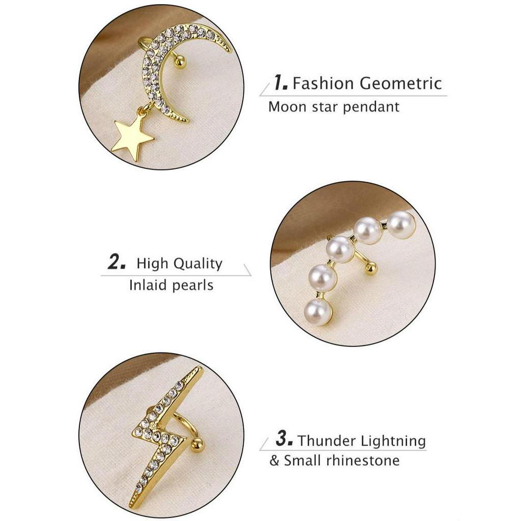 Pearl chain Ear clip Non-hole Earrings Bohemian Crystal Stud Earrings For Woman Lightning Stars moon Fashion Jewelry