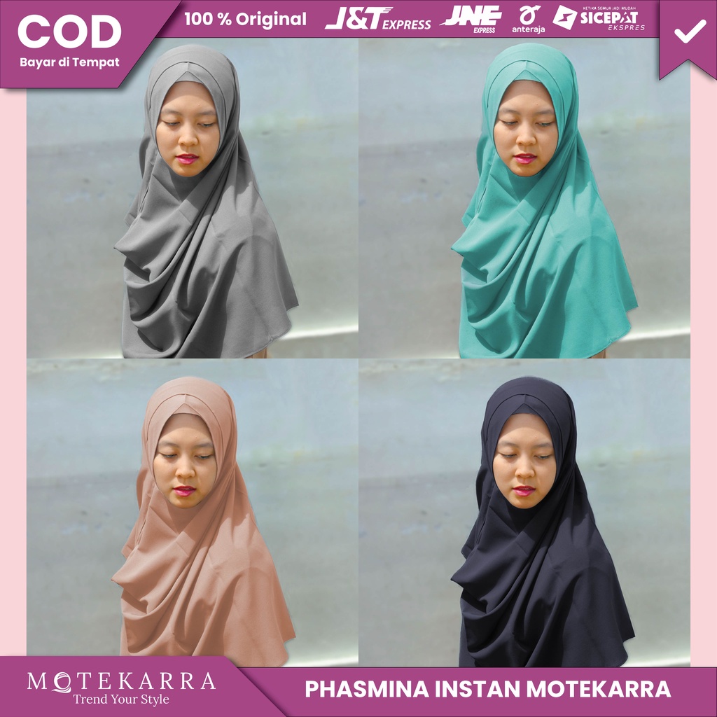 5 PCS Kerudung Hijab Phasmina / Pasmina Instan Polos 2 Lubang Bahan Ceruty Baby Doll Full Color Orig