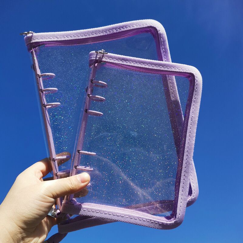 A6 A5 Zipper Binder Kpop Transparent Glitter Photocard Binder DIY Album Foto 6 Lubang Loose-Leaf Bag Organizer Notebook Stationery