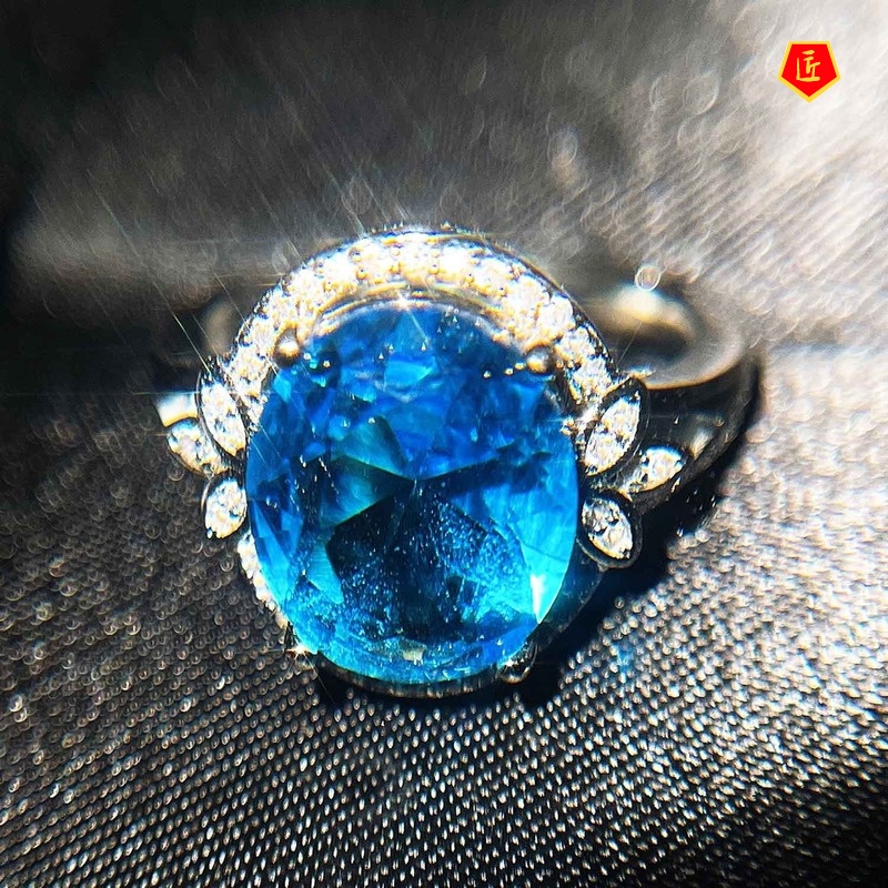 [Ready Stock]Simple Personality Pt950 Inlaid Topaz Blue Colored Gems Ring