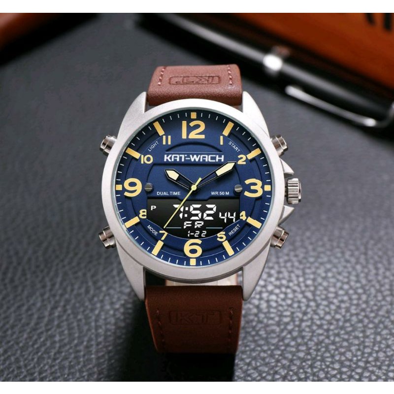 TRENDINGGGGG_0KAT-WACH_KT1818 Jam Tangan Pria Digital Analog Tali Kulit_CURRENOS