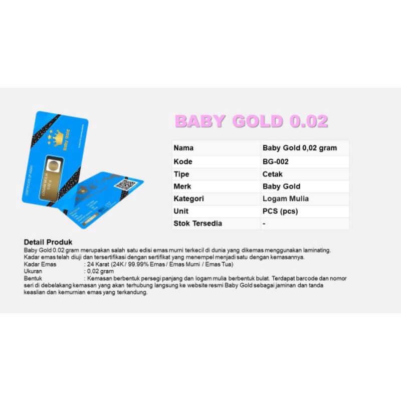 Emas murni Baby Gold 0,02 gram Logam Mulia 0.02 Emas Batangan 0 02