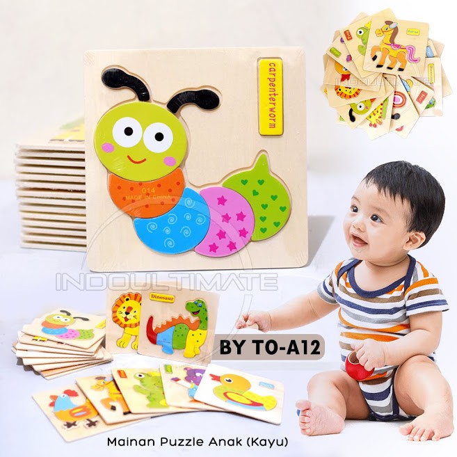 Puzzle Kayu mainan edukasi 3D KNOP kayu Gambar Hewan Puzzle game Animal Puzzle Toys Mainan Anak