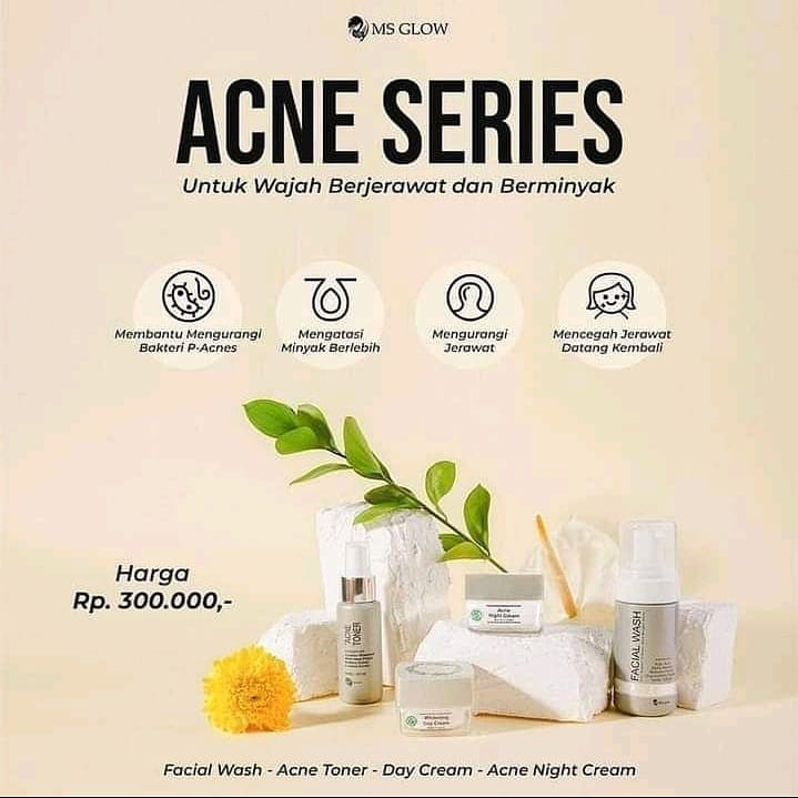 Ms Glow Acne Series, PAKET JERAWAT  (ACNE NIGHT CREAM, DAY CREAM, TONER DAN FACIAL WASH)